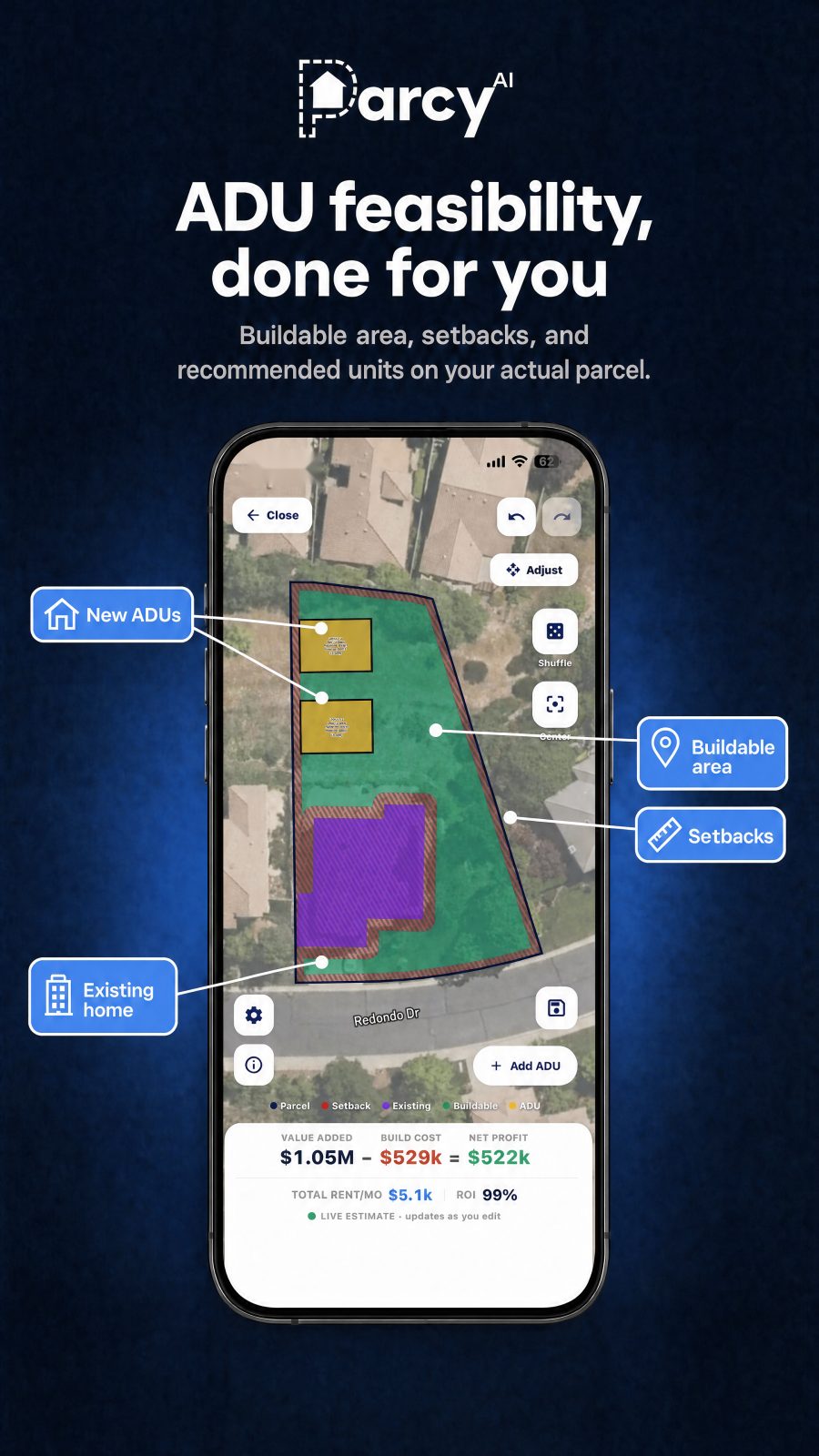 Parcy map view: buildable area, setbacks, existing home, and recommended ADUs on a real parcel