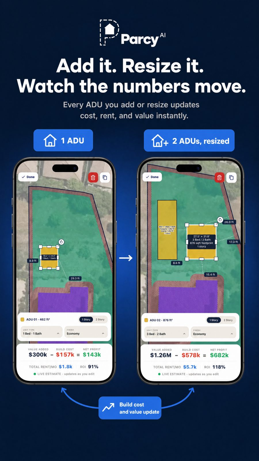 Add and resize ADUs; build cost, rent, and value update instantly